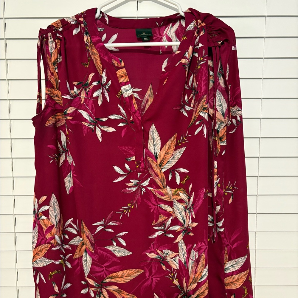 Worthington Maroon and White Leaf Pattern Blouse
